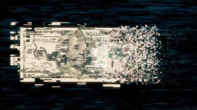 DOLAR MONEDA Pixelated us paper currency on dark background