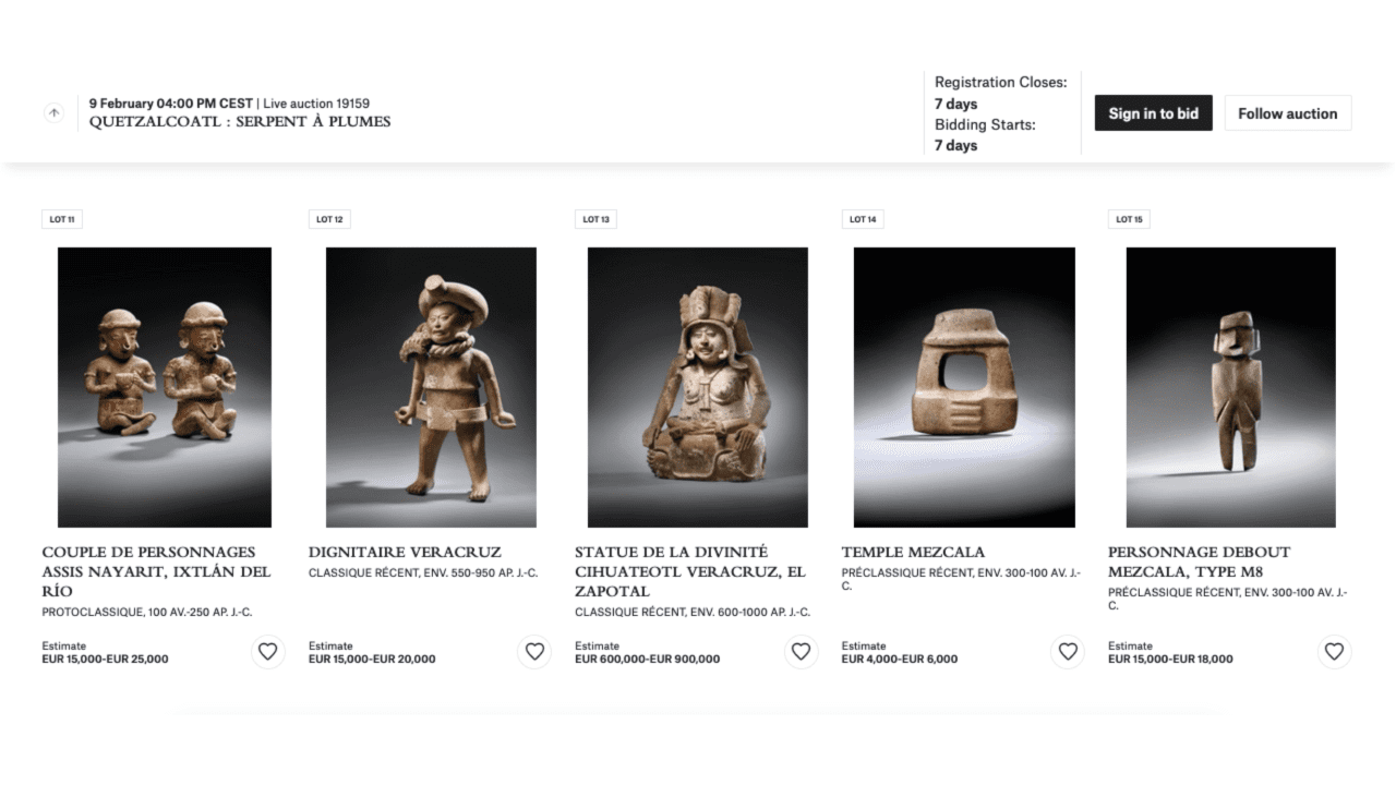 INAH pide a Christie’s cancelar subasta de piezas prehispánicas en París