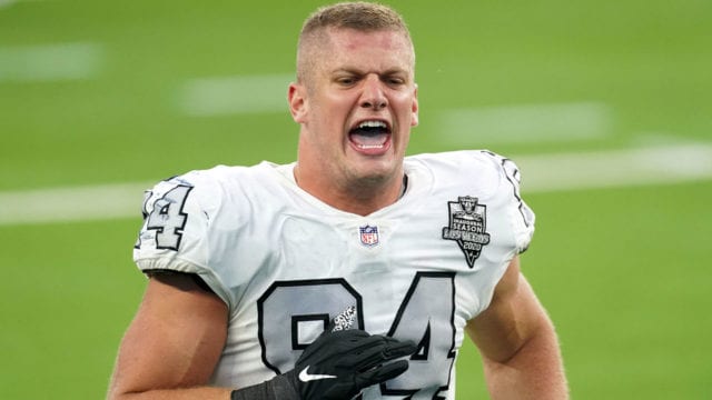 Las Vegas Raiders defensive end Carl Nassib celebrates at the end of the game in Inglewood