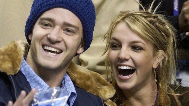 Britney Spears and boyfriend singer Justin Timberlake of the group "N'Sync" laugh moments