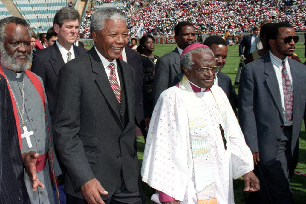 Desmond Tutu PRESIDENT ELECT MANDELA AND ARCHBISHOP TUTU ARRIVE FOR SERVICE FOR CHRISTIAN COMMUNITY IN SOWETO.