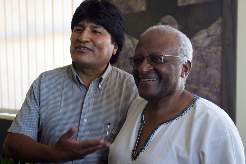 Bolivian President-elect Evo Morales and Archbishop Desmond Tutu speak to journalists after their meeting in Cape Town