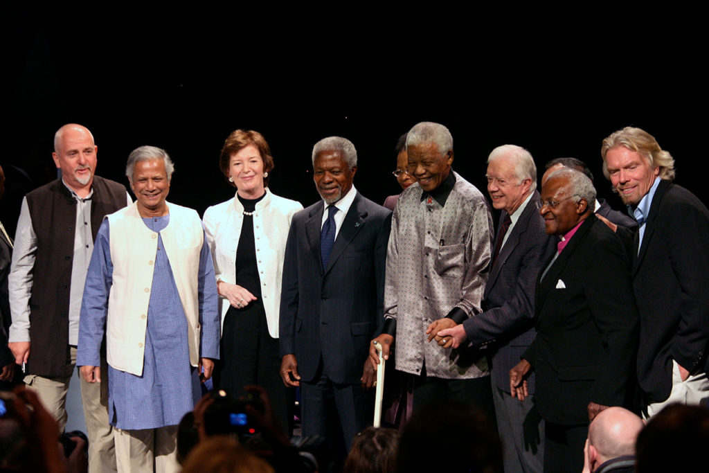 Mucian and members of the elders statesman (L-R) Musician and activist,Peter Gabriel,professor Muhammad Yunus,Former first women president of Ireland,Mary Robinson,former Secretary General of the U.N,Kofi Annan,former president of South Africa,Nelson Mand