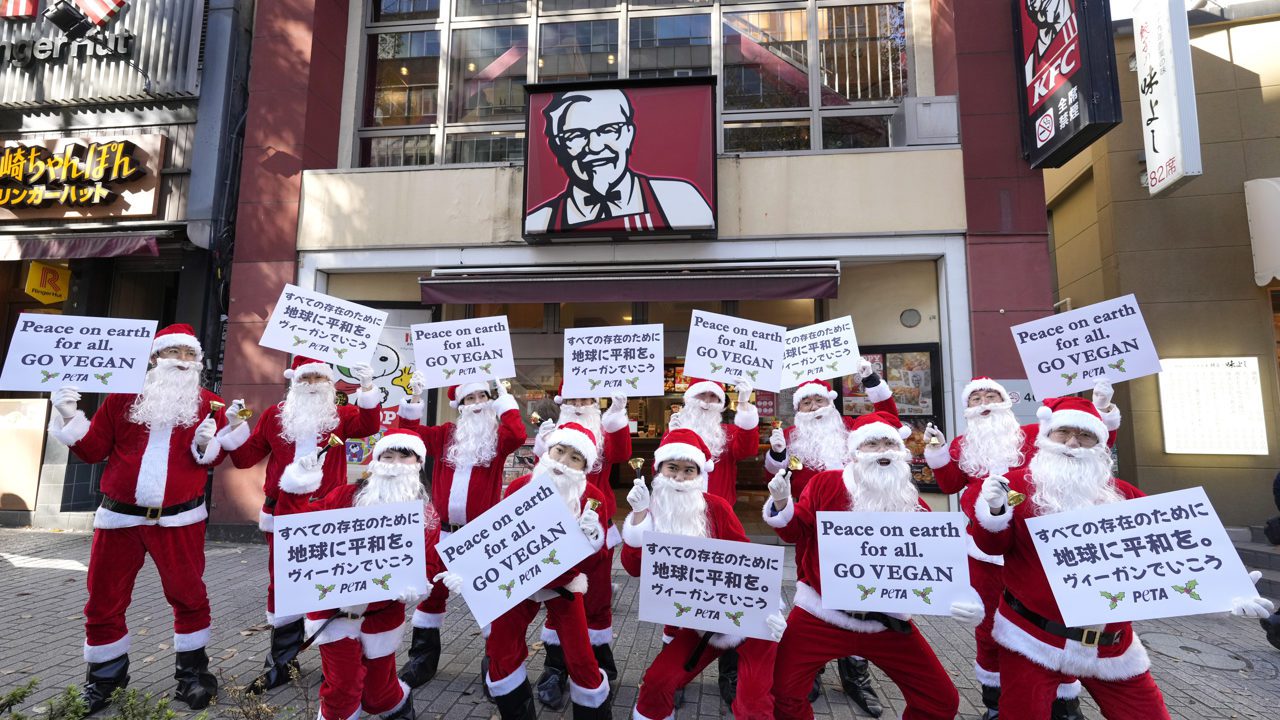Activistas japoneses vestidos de Papá Noel reclaman opciones veganas a KFC