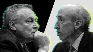 El actual director ejecutivo de FTX, John Ray, y el presidente de la SEC, Gary Gensler, podrían encontrarse en desacuerdo sobre el plan de FTX de vender criptomonedas para pagar a los acreedores. ILUSTRACIÓN DE CECILIA ZHANG PARA FORBES; FOTOS DE NATHAN HOWARD/STRINGER/GETTY IMAGES; GANA MCNAMEE/GETTY IMÁGENES