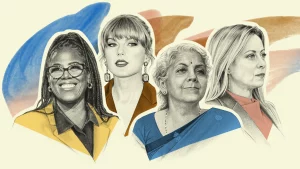 (De izquierda a derecha) Thasunda Brown Duckett, Taylor Swift, Nirmala Sitharaman, Giorgia Meloni. ILUSTRACIÓN DE ORIANA FENWICK PARA FORBES