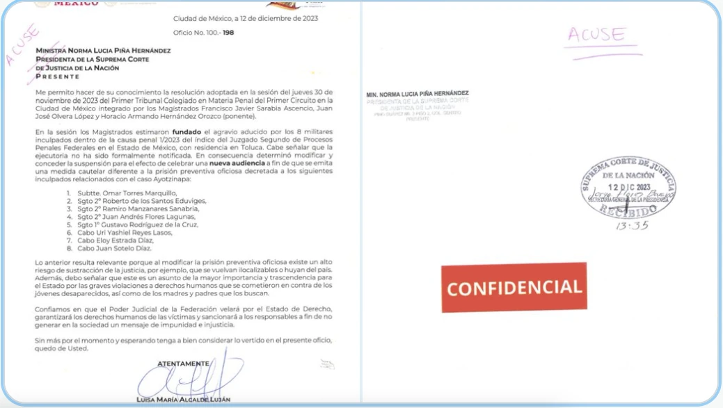 Segob exhibe carta donde advirtió a la SCJN de la liberación de militares del caso Ayotzinapa