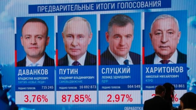 Candidatos en Rusia reconocieron la victoria del jefe del Kremlin con cerca del 88% de los votos, a falta de los resultados definitivos. . Foto: EFE.