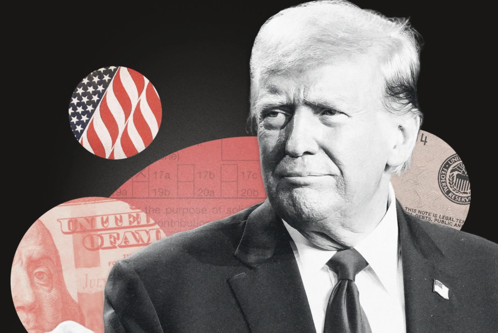ILUSTRACIÓN DE EMILY SCHERER PARA FORBES; FOTO DE ANDREW LEYDEN/NURPHOTO VÍA GETTY IMAGES Trump