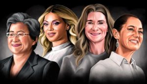 (De izq. a der.) Lisa Su, Beyonce, Melinda French Gates, Claudia Sheinbaum. Ilustración por JAYA NICELY FOR FORBES