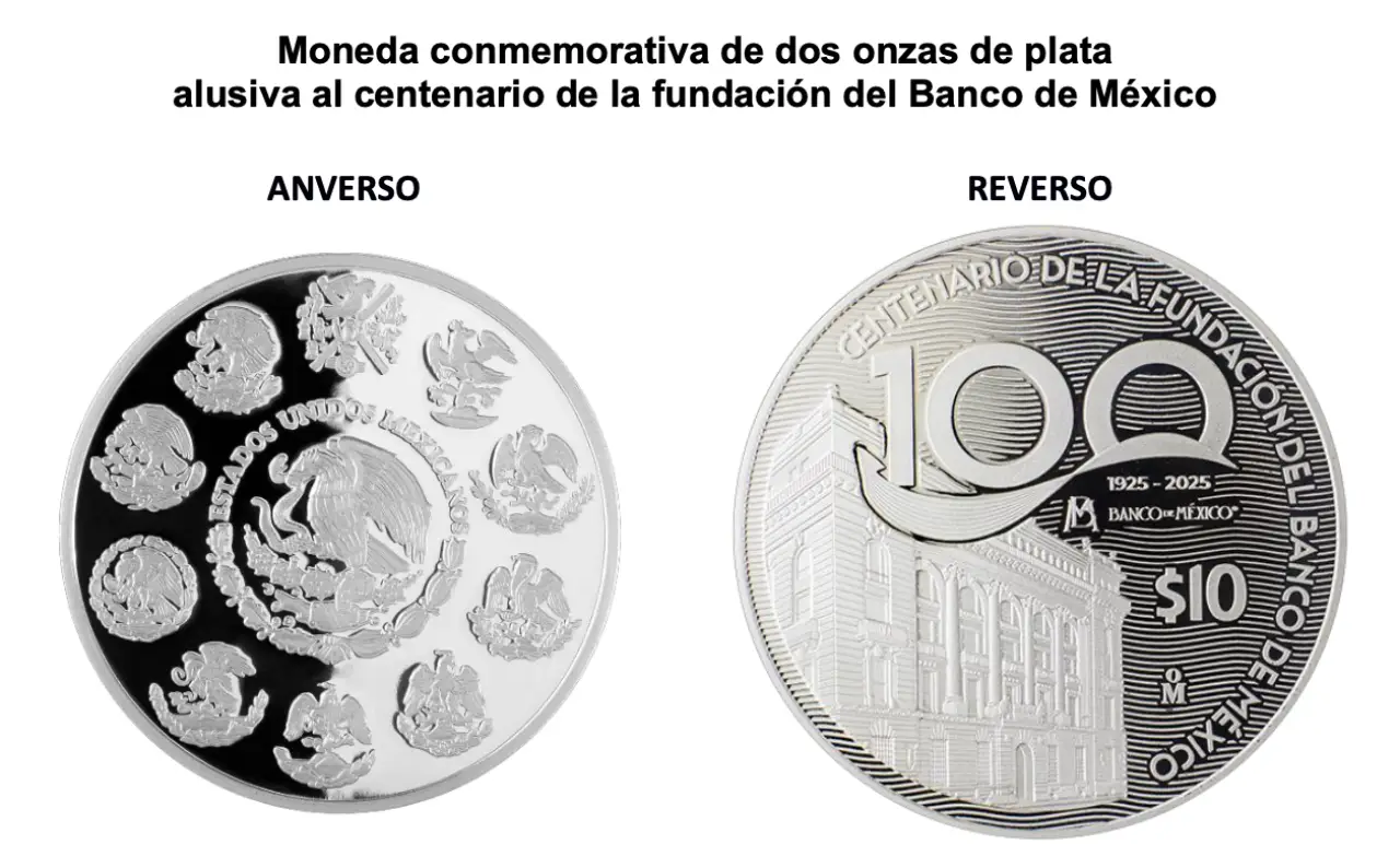 Banxico celebra su centenario con moneda de plata y billetes conmemorativos