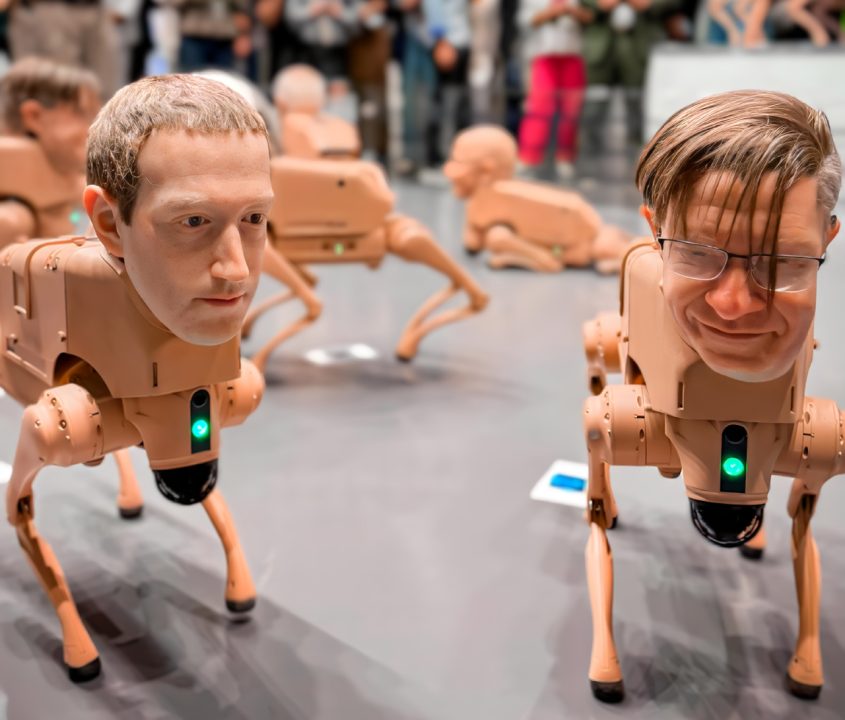 Perros robóticos con caras de Musk, Bezos y Picasso llaman la atención en Art Basel