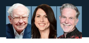 De izquierda a derecha: Warren Buffett, MacKenzie Scott y Reed Hastings Timothy Archibald; Dias Dipasupil/Getty Images; Jordan Strauss/Invision/AP