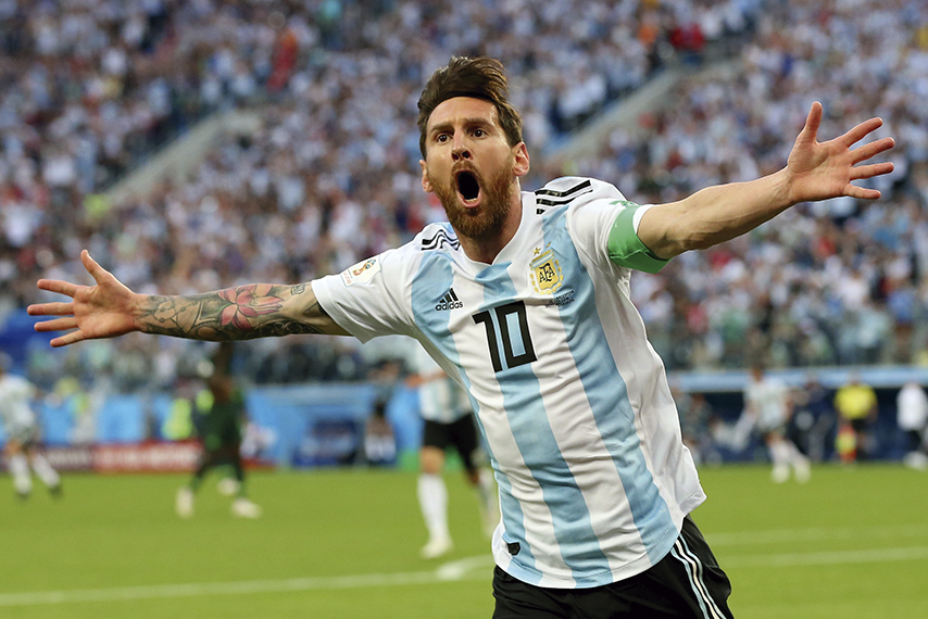 SAINT PETERSBURG, RUSSIA - JUNE 26: Lionel Messi of Argentina celebrates after scoring his team's first goal during the 2018 FIFA World Cup Russia group D match between Nigeria and Argentina at Saint Petersburg Stadium on June 26, 2018 in Saint Petersburg, Russia. (Photo by Alex Livesey/Getty Images)