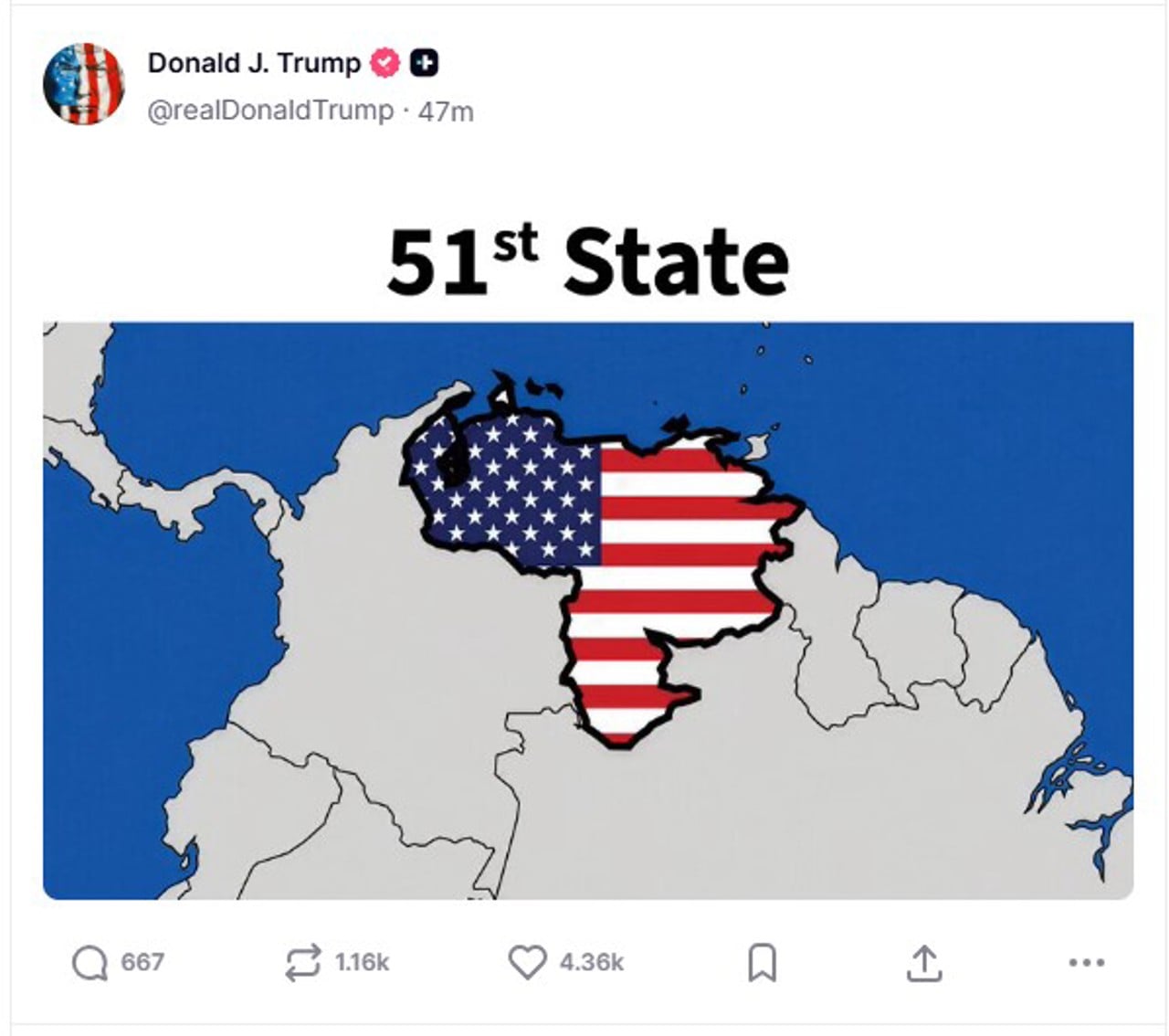Trump comparte imagen de Venezuela como ‘Estado 51’ de EU